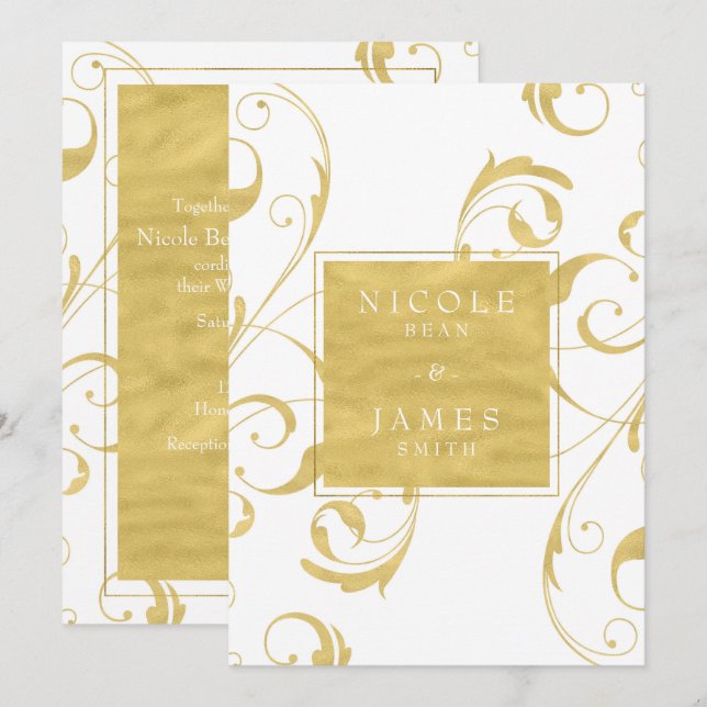 Invitation White & Faux Gold Floral Swirl Mariage élégant (Devant / Derrière)