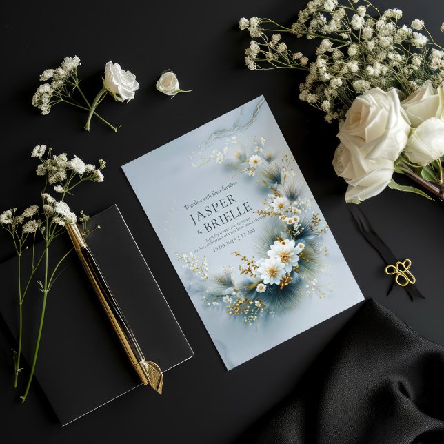 Invitation White Floral and Blue Pine Gold Wreath Wedding (Créateur téléchargé)
