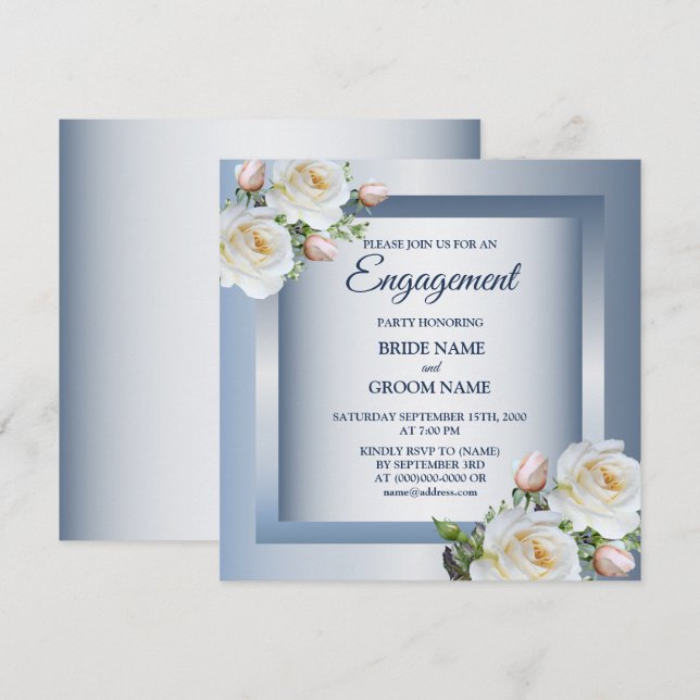 Invitation White Floral Elegant Blue Gray Engagement Party (Devant / Derrière)