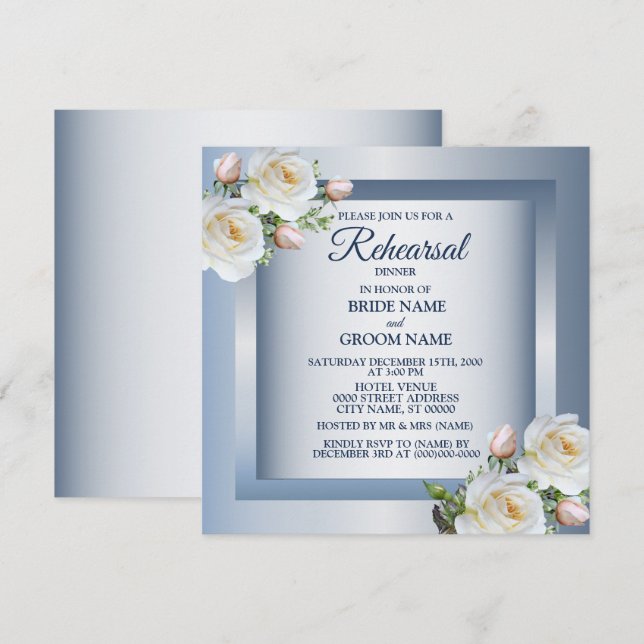 Invitation White Floral Elegant Blue Gray Rehearsal Dinner (Devant / Derrière)