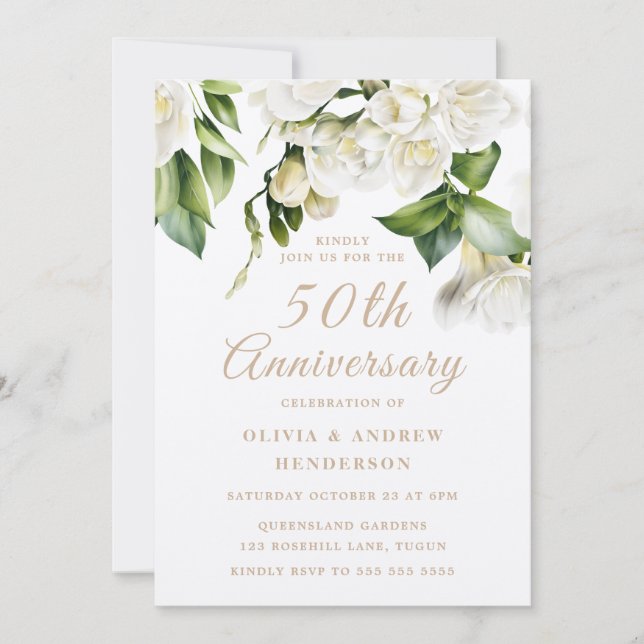 Invitation White Floral Gold Shimmer 50e anniversaire Mariage (Devant)