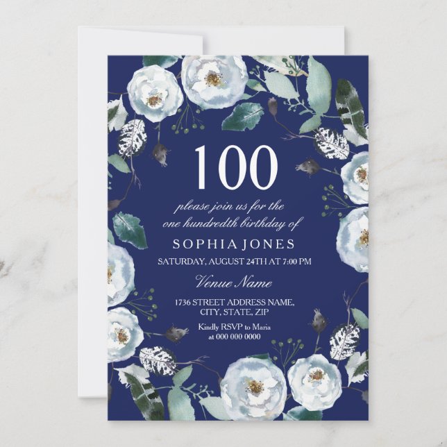 Invitation White Floral Navy Blue 100e anniversaire Invitatio (Devant)