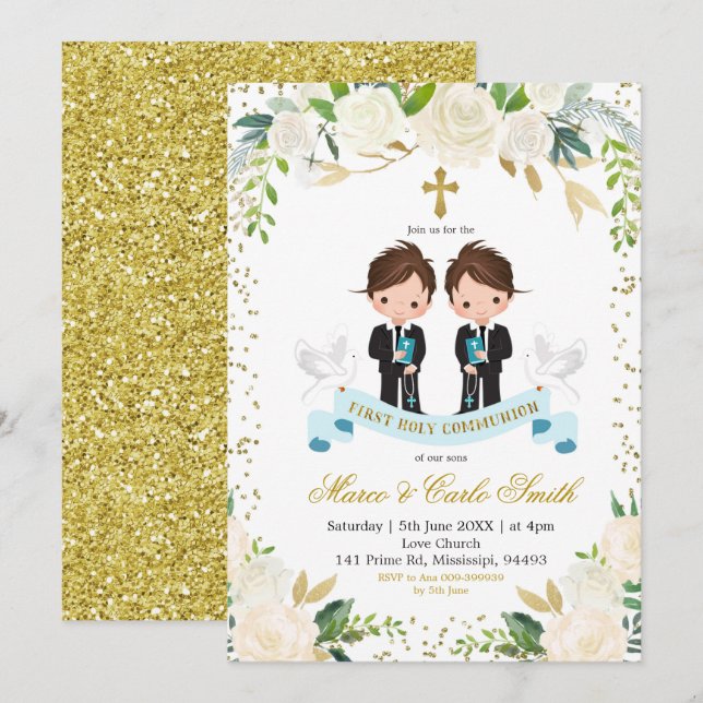 Invitation White Floral Twin Boy First Holy Communion (Devant / Derrière)