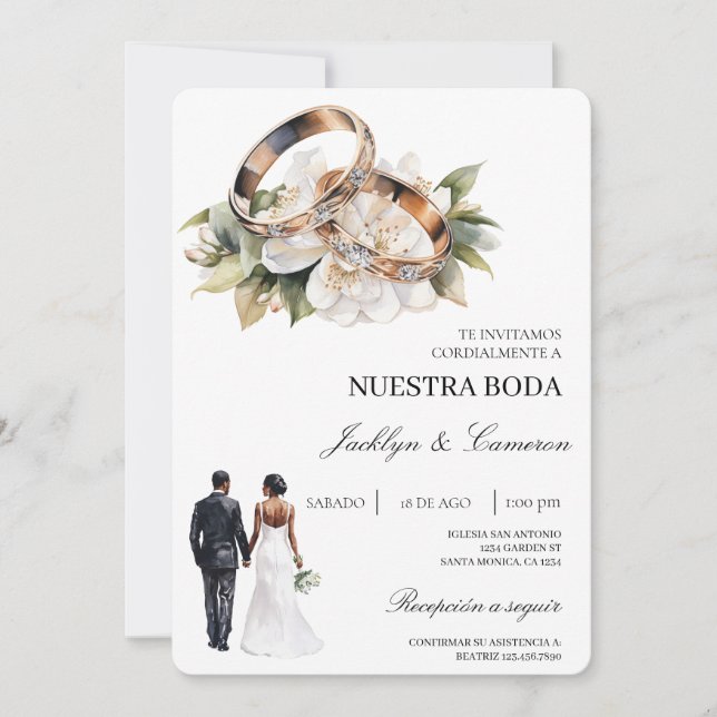 Invitation White Floral with ring Spanish Wedding (Devant)