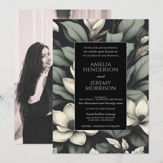 Invitation White Flowers and Greenery Wedding (Devant / Derrière)