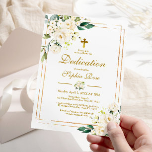 Invitation White Flowers & Gold Frame Girl Dedication