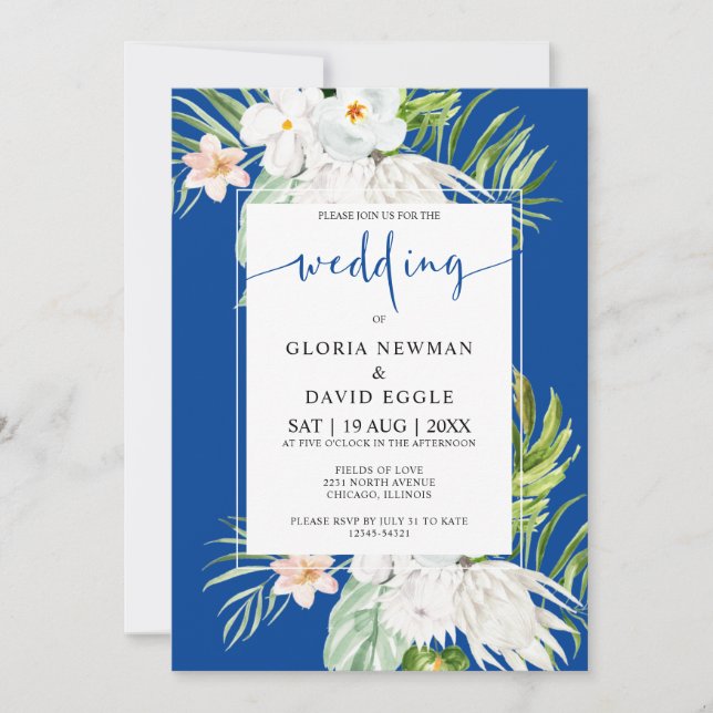 Invitation White Flowers on Blue Background Wedding   (Devant)