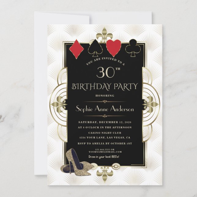 Invitation White Gold Art Deco Casino Poker Vegas Anniversair (Devant)
