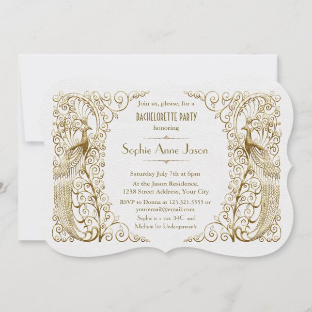 Invitation White Gold Art Deco Peacock Bachelorette (Devant)