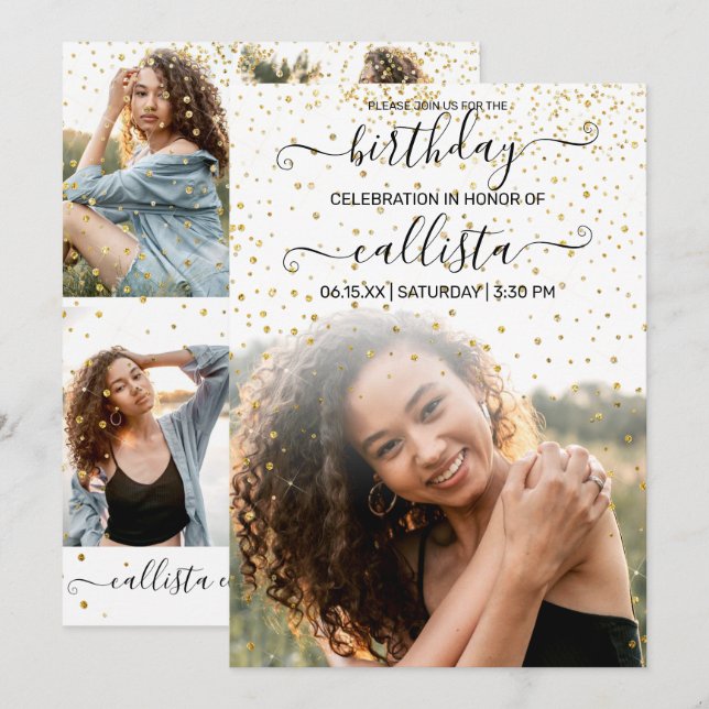 Invitation White Gold Confetti Photo Collage Anniversaire (Devant / Derrière)