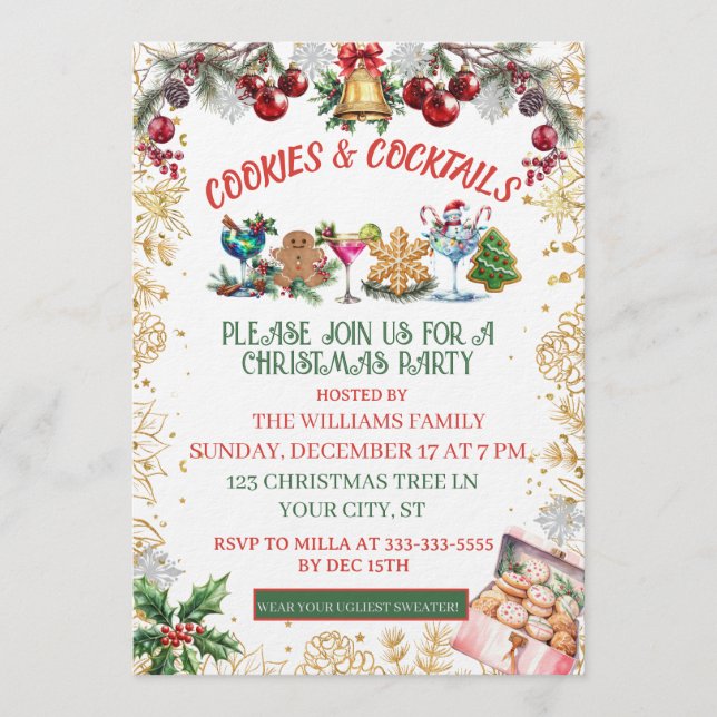 Invitation White & Gold Cookies & cocktails Holiday  (Devant)