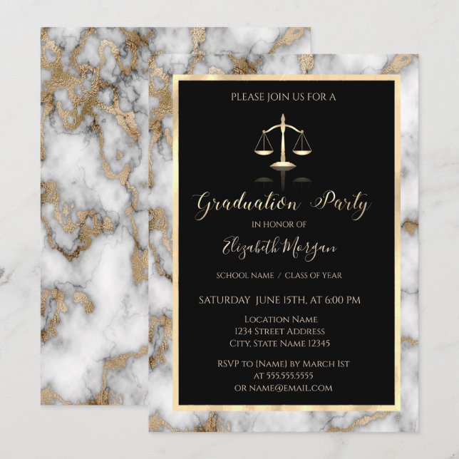 Invitation White Gold Marble Law School de la fête de graduat (Devant / Derrière)