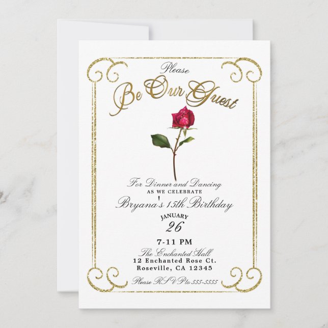 Invitation White & Gold Red Rose Beauté Anniversaire (Devant)