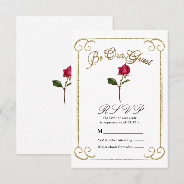 Invitation White & Gold Red Rose Beauté Wedding Réponse RSVP (Devant / Derrière)