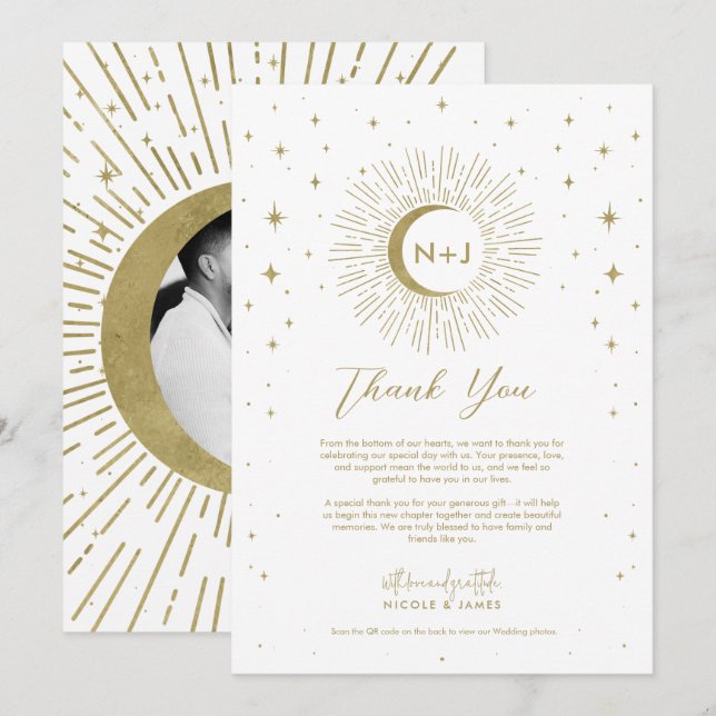 Invitation White Gold Stars Celestial Sunburst Moon Merci (Devant / Derrière)