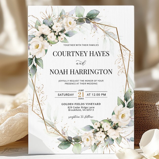 Invitation White Green Floral Gold Geometric Wedding (Créateur téléchargé)