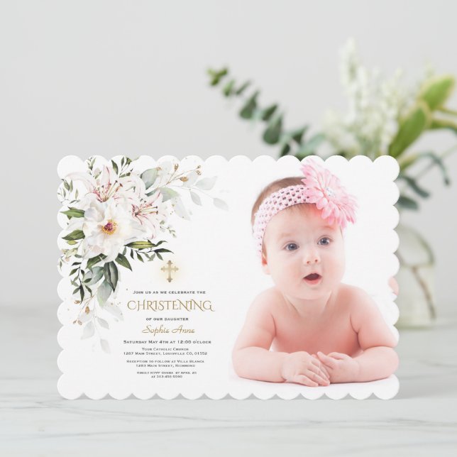 Invitation White Imperial Lily Rose Photo Girl Christening (Debout devant)