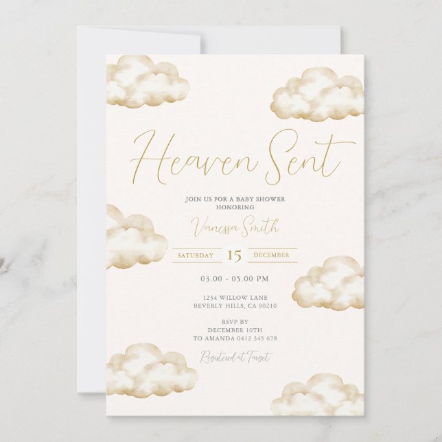 Invitation White Ivory Heaven Sent Baby Shower Party (Devant)