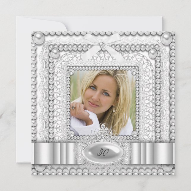 Invitation White Lace Pearl Photo Anniversaire (Devant)