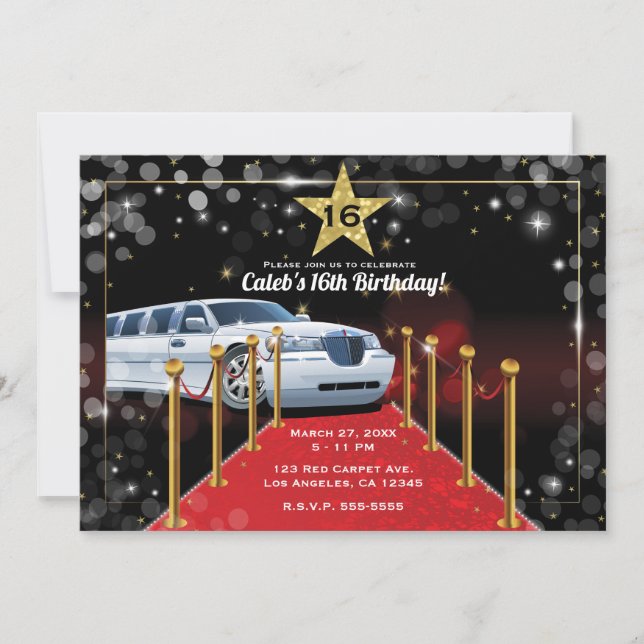 Invitation White Limo Red Carpet Hollywood fête d'anniversair (Devant)