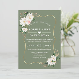 Invitation White Magnolia Sage Green All In One Wedding
