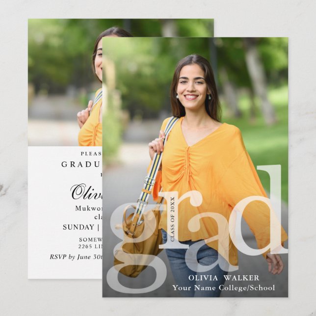 Invitation White Modern 2 PHOTO Graduation Party (Devant / Derrière)
