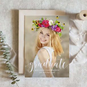 Invitation White Modern Calligraphie Photo Graduation