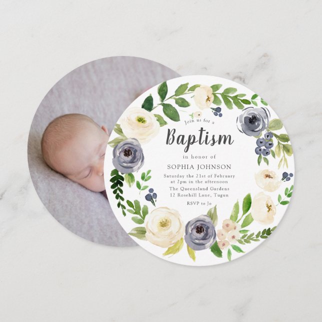 Invitation White Navy Floral Wreath Baby Photo Baptême (Devant / Derrière)