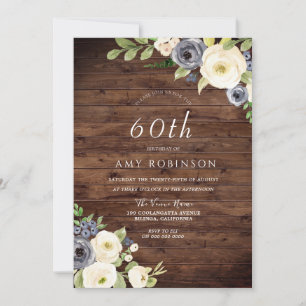 Invitation White & Navy Flowers Rustique 60e fête d'anniversa