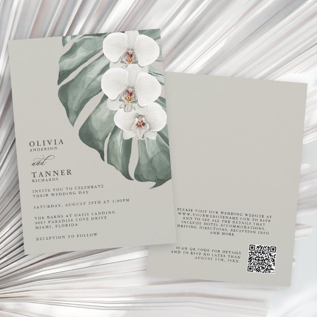 Invitation White Orchids Sage Mariage tropical avec code QR (Available as printed and paperless digital download!)
