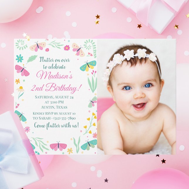 Invitation White Pastel Butterfly Girl Jardin Photo Anniversa (Créateur téléchargé)