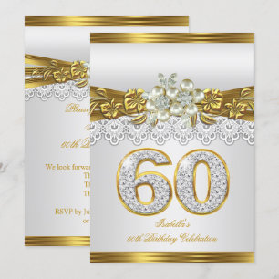 Invitation White Pearl Gold Lace Floral 60e fête d'anniversai