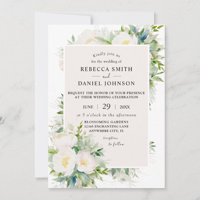 Invitation White Peonies Aquarelle Vintage Mariage (Devant)