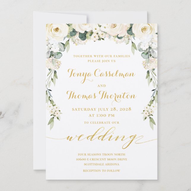 Invitation White Peony Epiphany Mariage Gold Calligraphie (Devant)