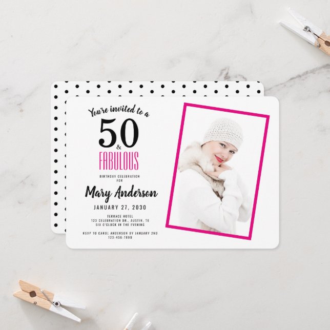 Invitation White Pink 50 et Fabulous 50th Birthday Party (Devant/Arrière en situation)