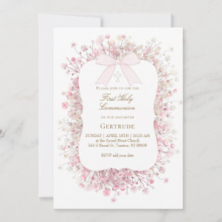 Invitation white pink baby's breath flowers First Communion