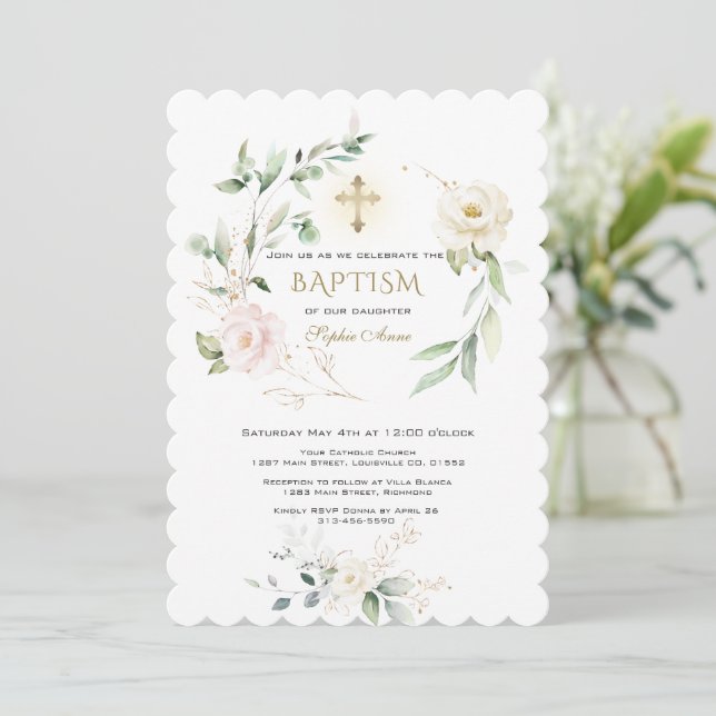 Invitation White Pink Floral Greenery Gold Cross Baptism  (Debout devant)