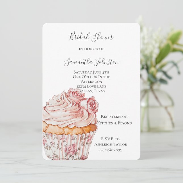 Invitation White Pink Roses Floral Cupcake Bridal Shower (Debout devant)