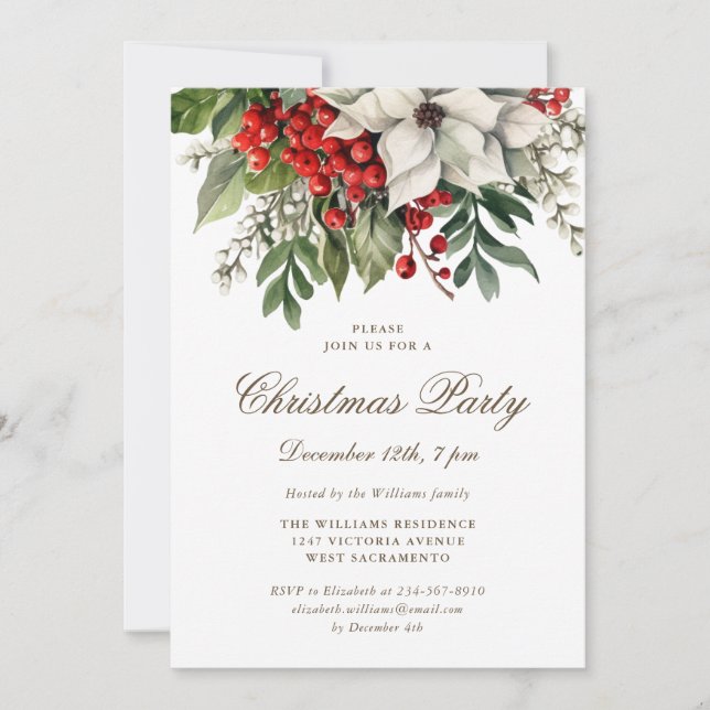 Invitation White Poinsettia Fête de Noël aux baies d'hiver (Devant)