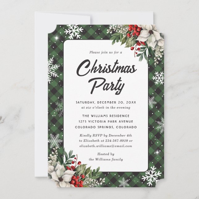 Invitation White Poinsettia Green Plaid Christmas Party (Devant)