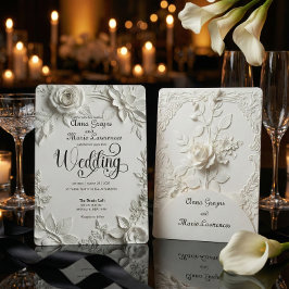Invitation White Rose Bas Relief Faux Embossed Wedding 
