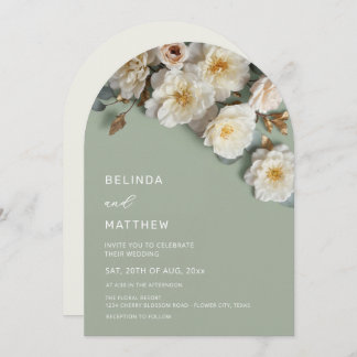 Invitation White Roses 3D Flowers Modern Arch Wedding