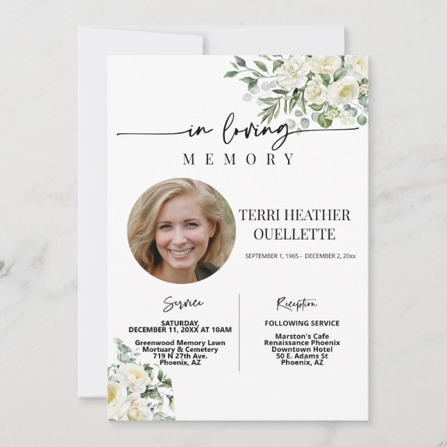 Invitation White Roses Boho Funeral Service Photo (Devant)