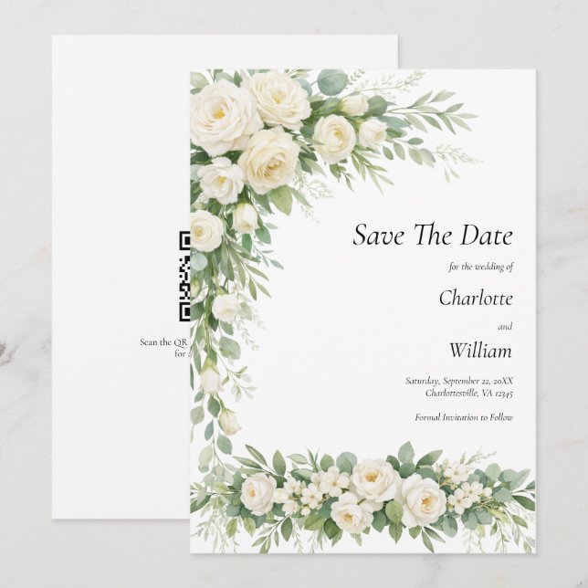 Invitation White Roses Cream Wedding Save The Date QR Code (Devant / Derrière)