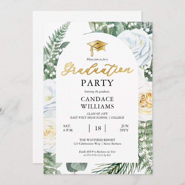 Invitation White Roses Floral Frame Party (Devant / Derrière)