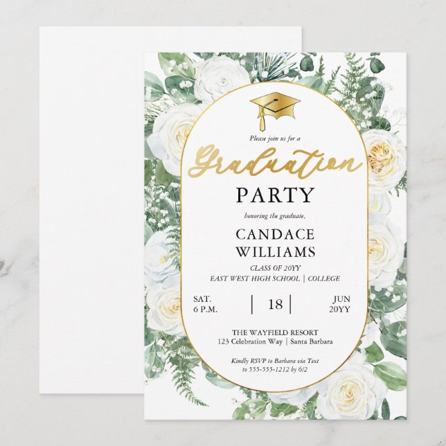 Invitation White Roses Floral Gold Frame Party (Devant / Derrière)