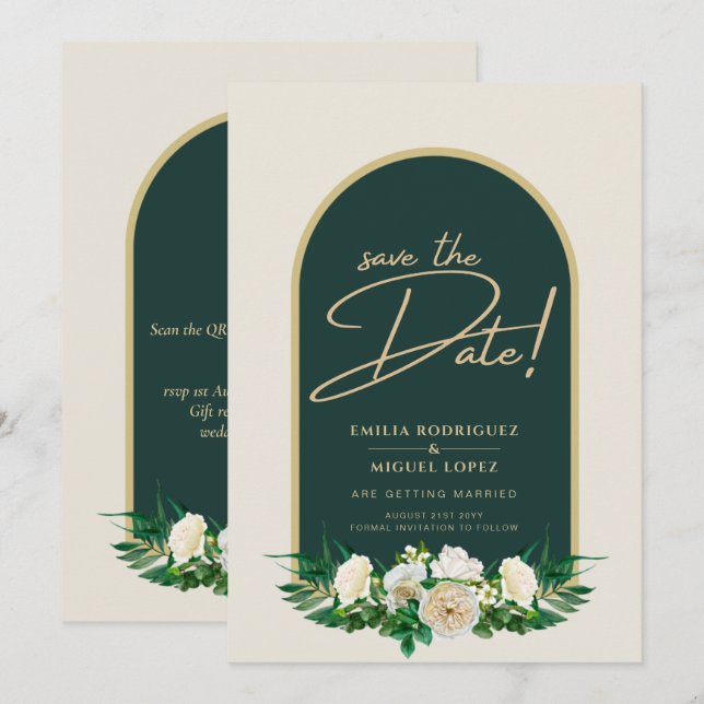 Invitation White Roses Forêt Vert Mariage d'hiver Sauver Date (Devant / Derrière)