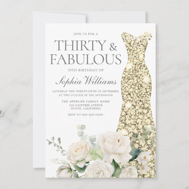 Invitation White Roses Gold Gown 30e fête d'anniversaire (Devant)