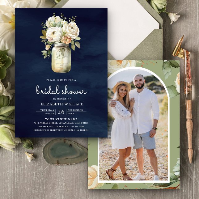 Invitation White Roses Mason Jar Photo Marine Fête des mariée (Créateur téléchargé)