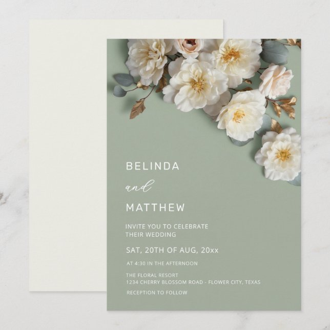 Invitation White Roses Realistic Flowers Wedding (Devant / Derrière)
